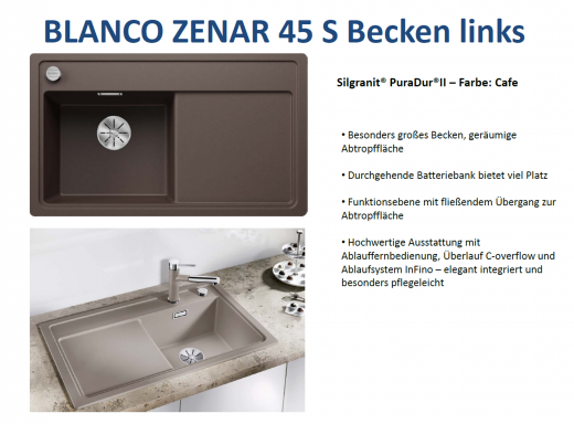 BLANCO Zenar 45 S Silgranit PuraDurII Granitsple / Einbausple Ablaufsystem InFino mit Drehknopfventil