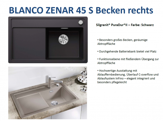 BLANCO Zenar 45 S Silgranit PuraDurII Granitsple / Einbausple Ablaufsystem InFino mit Drehknopfventil