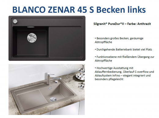 BLANCO Zenar 45 S Silgranit PuraDurII Granitsple / Einbausple Ablaufsystem InFino mit Drehknopfventil