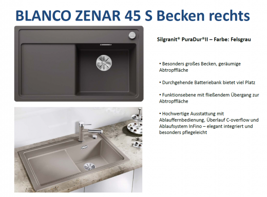 BLANCO Zenar 45 S Silgranit PuraDurII Granitsple / Einbausple Ablaufsystem InFino mit Drehknopfventil