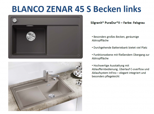 BLANCO Zenar 45 S Silgranit PuraDurII Granitsple / Einbausple Ablaufsystem InFino mit Drehknopfventil