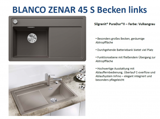 BLANCO Zenar 45 S Silgranit PuraDurII Granitsple / Einbausple Ablaufsystem InFino mit Drehknopfventil