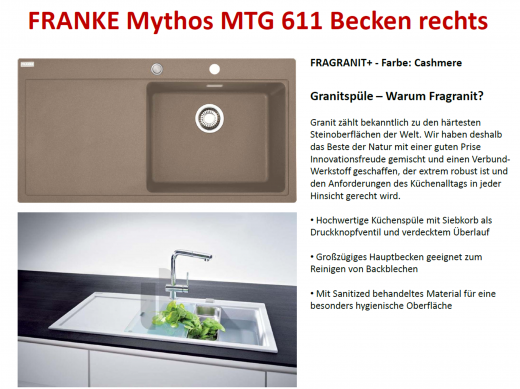 FRANKE Kchensple Mythos MTG 611 Fragranit+ Einbausple / Granitsple mit Siebkorb als Druckknopfventil