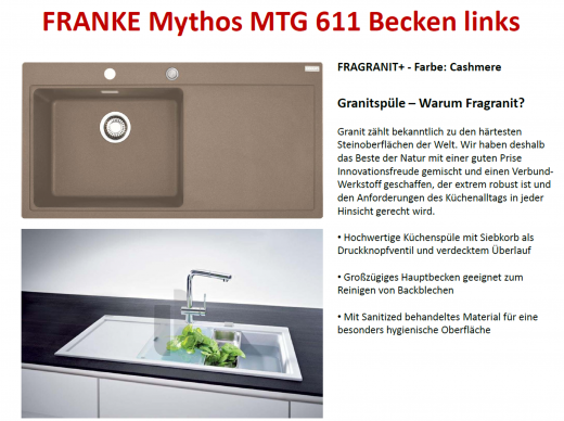 FRANKE Kchensple Mythos MTG 611 Fragranit+ Einbausple / Granitsple mit Siebkorb als Druckknopfventil