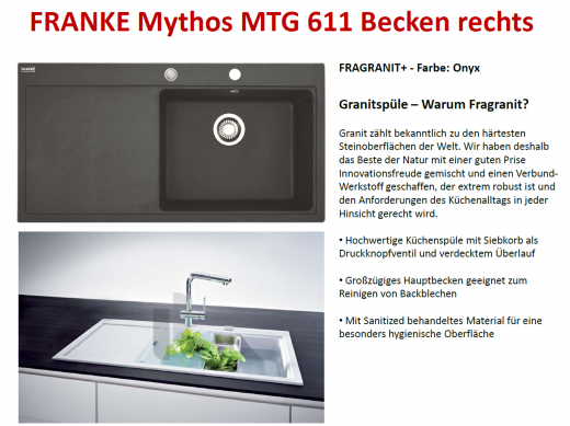 FRANKE Kchensple Mythos MTG 611 Fragranit+ Einbausple / Granitsple mit Siebkorb als Druckknopfventil