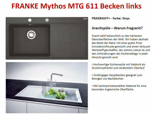 FRANKE Kchensple Mythos MTG 611 Fragranit+ Einbausple / Granitsple mit Siebkorb als Druckknopfventil