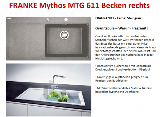 FRANKE Kchensple Mythos MTG 611 Fragranit+ Einbausple / Granitsple mit Siebkorb als Druckknopfventil