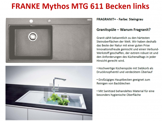 FRANKE Kchensple Mythos MTG 611 Fragranit+ Einbausple / Granitsple mit Siebkorb als Druckknopfventil