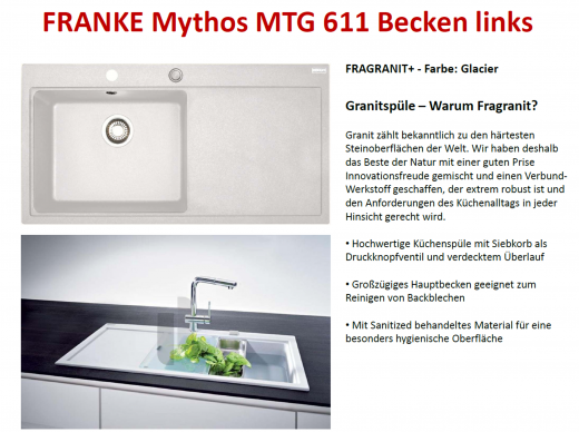 FRANKE Kchensple Mythos MTG 611 Fragranit+ Einbausple / Granitsple mit Siebkorb als Druckknopfventil