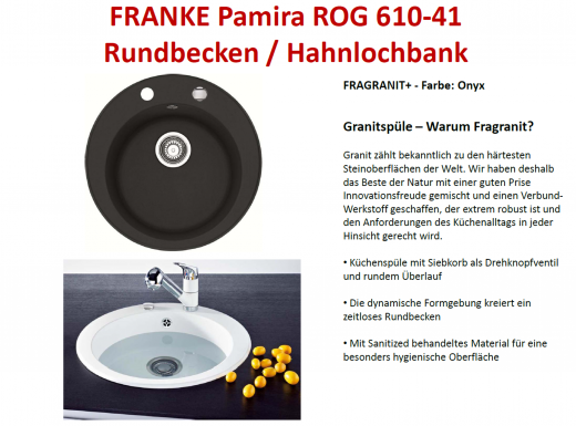 FRANKE Kchensple Pamira ROG 610-41 Fragranit+ Einbausple / Granitsple Rundbecken mit Siebkorb als Drehknopfventil