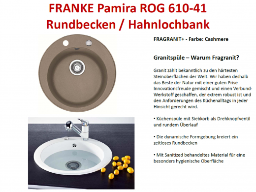 FRANKE Kchensple Pamira ROG 610-41 Fragranit+ Einbausple / Granitsple Rundbecken mit Siebkorb als Drehknopfventil