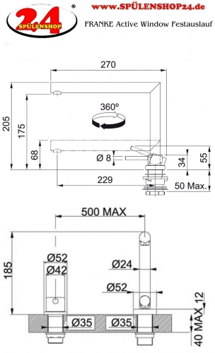 FRANKE Kchenarmatur Active Window Chrom mit Festauslauf zur Vorfenstermontage versenkbar