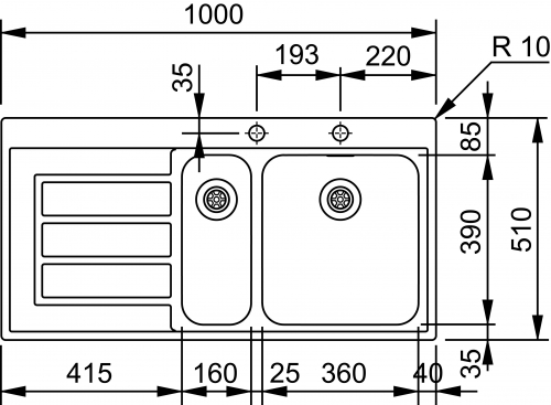 FRANKE Kchensple Epos EOX 251 Edelstahlsple Slimtop / Flchenbndig mit Integralablauf und Druckknopfventil