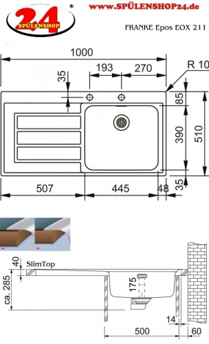 FRANKE Kchensple Epos EOX 211 Edelstahlsple Slimtop / Flchenbndig mit Integralablauf und Druckknopfventil