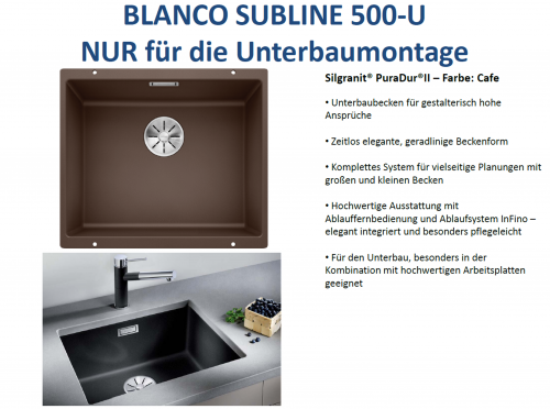 x BLANCO Subline 500-U Silgranit PuraDurII Granitsple / Unterbaubecken Ablaufsystem InFino mit Handbettigung