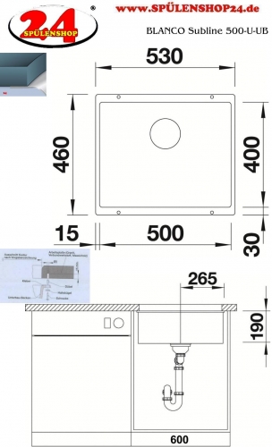 x BLANCO Subline 500-U Silgranit PuraDurII Granitsple / Unterbaubecken Ablaufsystem InFino mit Handbettigung
