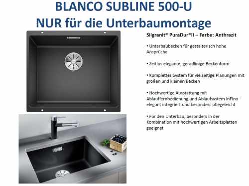 x BLANCO Subline 500-U Silgranit PuraDurII Granitsple / Unterbaubecken Ablaufsystem InFino mit Handbettigung