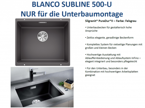 x BLANCO Subline 500-U Silgranit PuraDurII Granitsple / Unterbaubecken Ablaufsystem InFino mit Handbettigung