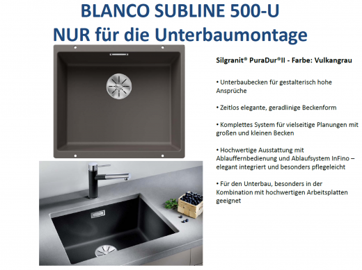 x BLANCO Subline 500-U Silgranit PuraDurII Granitsple / Unterbaubecken Ablaufsystem InFino mit Handbettigung