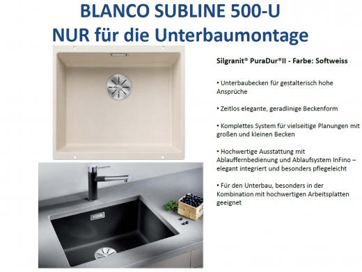 x BLANCO Subline 500-U Silgranit PuraDurII Granitsple / Unterbaubecken Ablaufsystem InFino mit Handbettigung