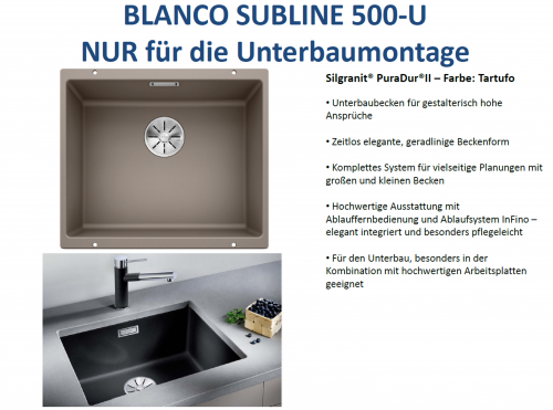 x BLANCO Subline 500-U Silgranit PuraDurII Granitsple / Unterbaubecken Ablaufsystem InFino mit Handbettigung