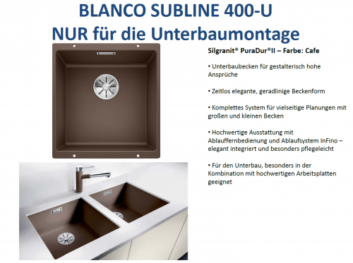 BLANCO Subline 400-U Silgranit PuraDurII Granitsple / Unterbaubecken Ablaufsystem InFino mit Handbettigung