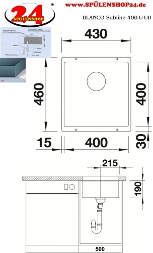 BLANCO Subline 400-U Silgranit PuraDurII Granitsple / Unterbaubecken Ablaufsystem InFino mit Handbettigung