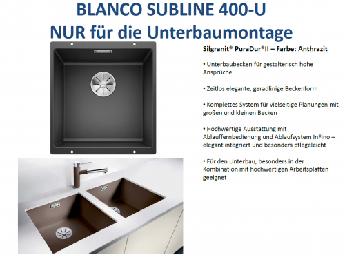 BLANCO Subline 400-U Silgranit PuraDurII Granitsple / Unterbaubecken Ablaufsystem InFino mit Handbettigung