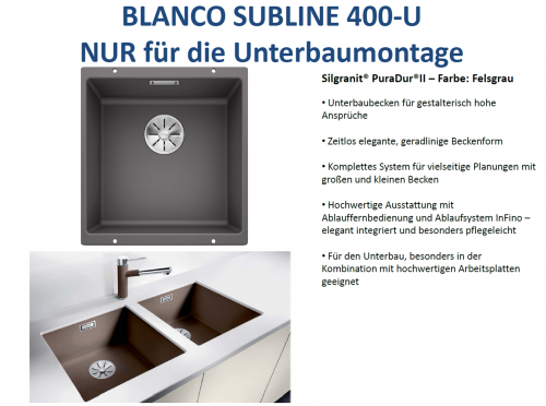 BLANCO Subline 400-U Silgranit PuraDurII Granitsple / Unterbaubecken Ablaufsystem InFino mit Handbettigung