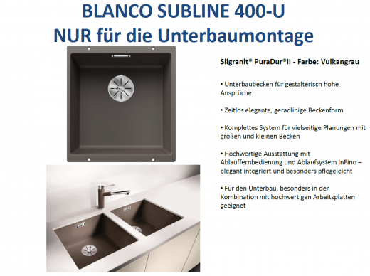 BLANCO Subline 400-U Silgranit PuraDurII Granitsple / Unterbaubecken Ablaufsystem InFino mit Handbettigung