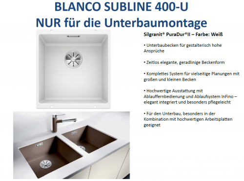 BLANCO Subline 400-U Silgranit PuraDurII Granitsple / Unterbaubecken Ablaufsystem InFino mit Handbettigung