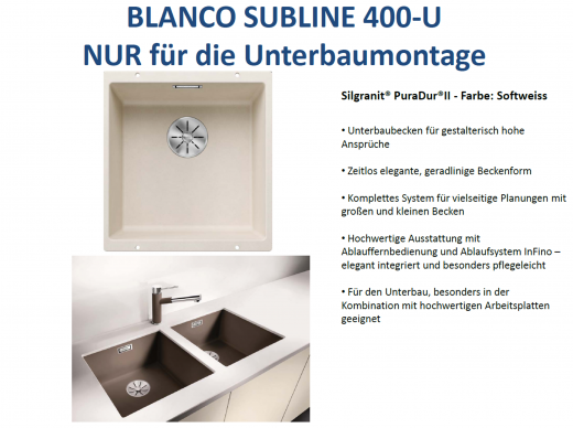 BLANCO Subline 400-U Silgranit PuraDurII Granitsple / Unterbaubecken Ablaufsystem InFino mit Handbettigung