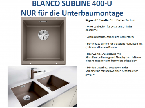 BLANCO Subline 400-U Silgranit PuraDurII Granitsple / Unterbaubecken Ablaufsystem InFino mit Handbettigung