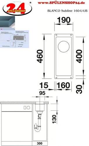 BLANCO Subline 160-U Silgranit PuraDurII Granitsple / Unterbaubecken Ablaufsystem InFino mit Handbettigung