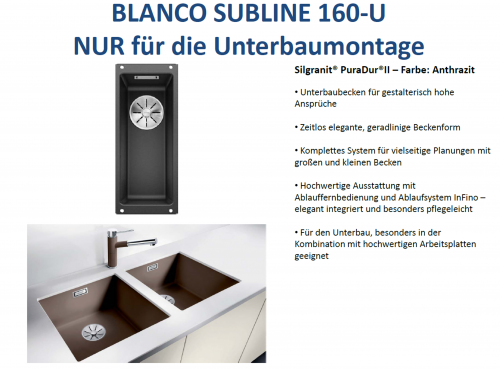 BLANCO Subline 160-U Silgranit PuraDurII Granitsple / Unterbaubecken Ablaufsystem InFino mit Handbettigung