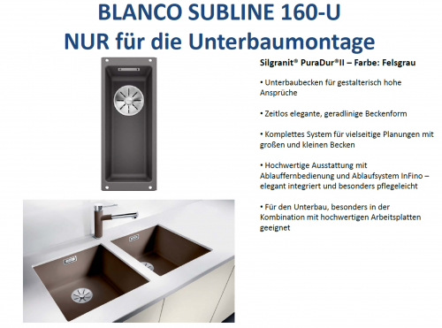 BLANCO Subline 160-U Silgranit PuraDurII Granitsple / Unterbaubecken Ablaufsystem InFino mit Handbettigung