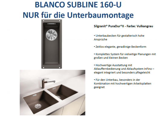 BLANCO Subline 160-U Silgranit PuraDurII Granitsple / Unterbaubecken Ablaufsystem InFino mit Handbettigung