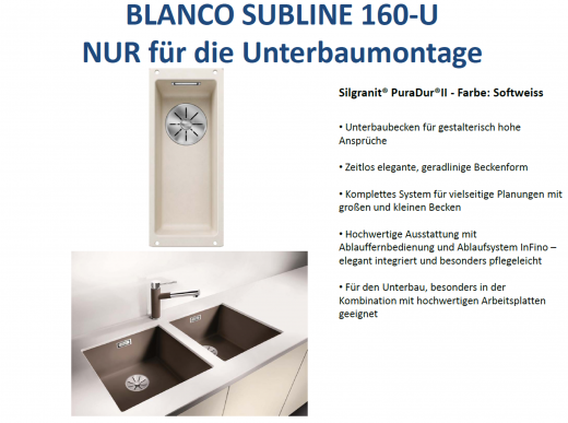 BLANCO Subline 160-U Silgranit PuraDurII Granitsple / Unterbaubecken Ablaufsystem InFino mit Handbettigung