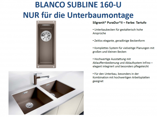 BLANCO Subline 160-U Silgranit PuraDurII Granitsple / Unterbaubecken Ablaufsystem InFino mit Handbettigung