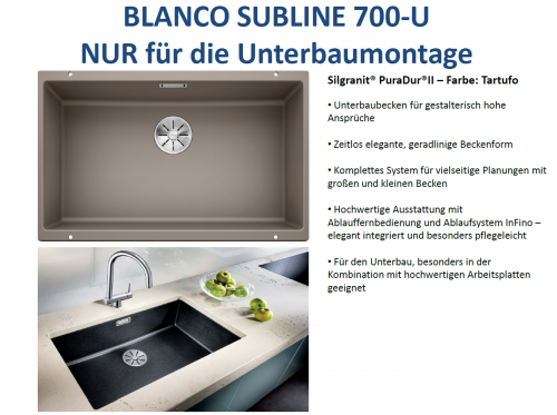 BLANCO Subline 700-U Silgranit PuraDurII Granitsple / Unterbaubecken Ablaufsystem InFino mit Handbettigung