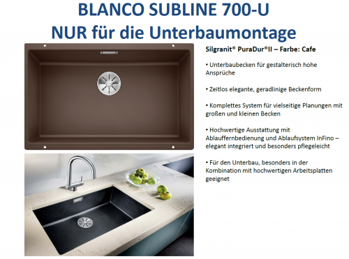 BLANCO Subline 700-U Silgranit PuraDurII Granitsple / Unterbaubecken Ablaufsystem InFino mit Handbettigung