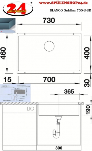 BLANCO Subline 700-U Silgranit PuraDurII Granitsple / Unterbaubecken Ablaufsystem InFino mit Handbettigung