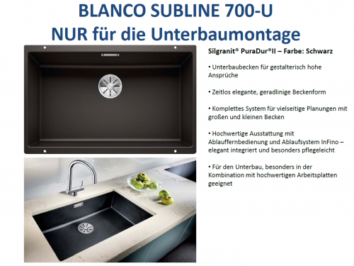 BLANCO Subline 700-U Silgranit PuraDurII Granitsple / Unterbaubecken Ablaufsystem InFino mit Handbettigung