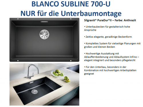 BLANCO Subline 700-U Silgranit PuraDurII Granitsple / Unterbaubecken Ablaufsystem InFino mit Handbettigung