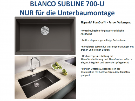 BLANCO Subline 700-U Silgranit PuraDurII Granitsple / Unterbaubecken Ablaufsystem InFino mit Handbettigung