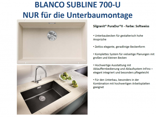 BLANCO Subline 700-U Silgranit PuraDurII Granitsple / Unterbaubecken Ablaufsystem InFino mit Handbettigung