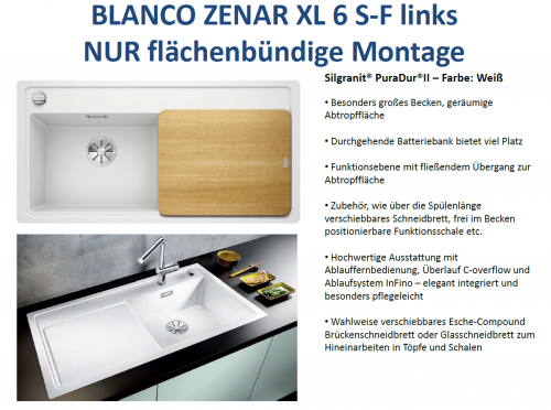 BLANCO Zenar XL 6 S-F Silgranit PuraDurII Granitsple Flchenbndig Ablaufsystem InFino mit Drehknopfventil