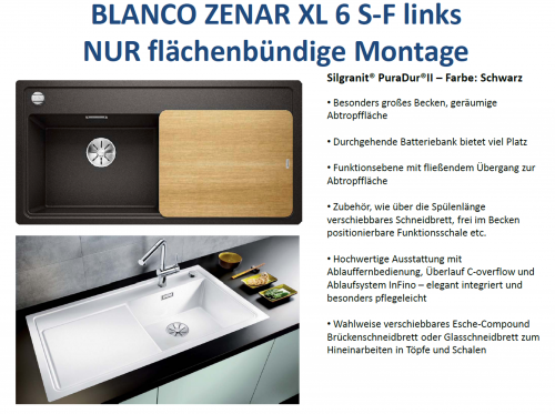 BLANCO Zenar XL 6 S-F Silgranit PuraDurII Granitsple Flchenbndig Ablaufsystem InFino mit Drehknopfventil