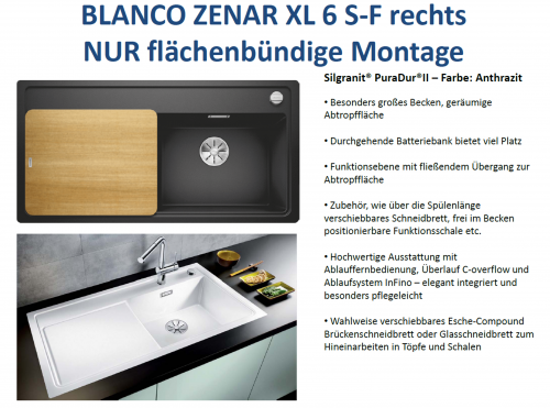 BLANCO Zenar XL 6 S-F Silgranit PuraDurII Granitsple Flchenbndig Ablaufsystem InFino mit Drehknopfventil