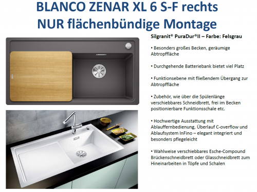 BLANCO Zenar XL 6 S-F Silgranit PuraDurII Granitsple Flchenbndig Ablaufsystem InFino mit Drehknopfventil